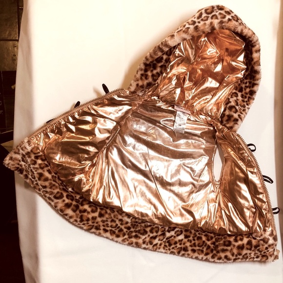 JACKET VEST LEOPARD TRIM HOODIE ZIP FRONT SUPER SOFT ROSE GOLD MATERIAL 18mo NEW - Picture 2 of 5